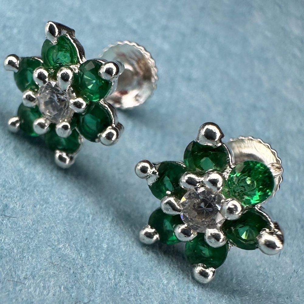 Sterling Silver 925 Stud Earrings with White and Green Zircon Gemstone